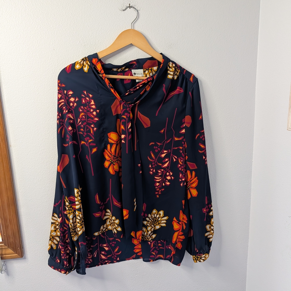 Stylus Tie-Neck Blouse Abstract Floral Long Sleeve Size L